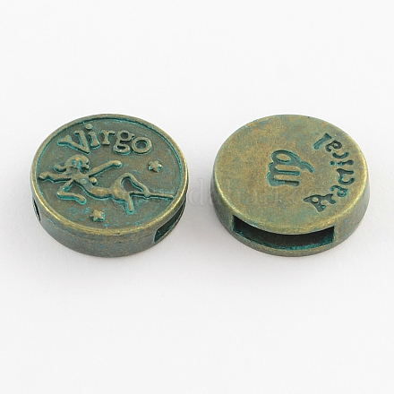 Antique Bronze & Green Patina Plated Flat Round Zinc Alloy Slide Charms X-PALLOY-Q307-09-NR-1