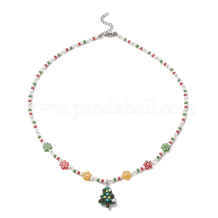 Collier pendentif lampwork arbre de noël avec des chaînes de fleurs de graines de verre pour les femmes NJEW-TA00070-1