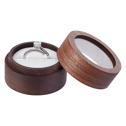 Fingerinspire runde Ringbox aus Holz mit klarem Fenster und weißem Samt innen CON-WH0089-17B-1