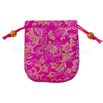 中国風の花柄のサテンジュエリーパッキングポーチ  巾着ギフトバッグ  長方形  赤ミディアム紫  10.5x10.5cm PW-WG42698-09-1