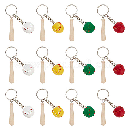 Olycraft 12 pièces 4 couleurs mini baseball pu pendentif en cuir porte-clés avec batte de baseball en bois DIY-OC0011-25-1