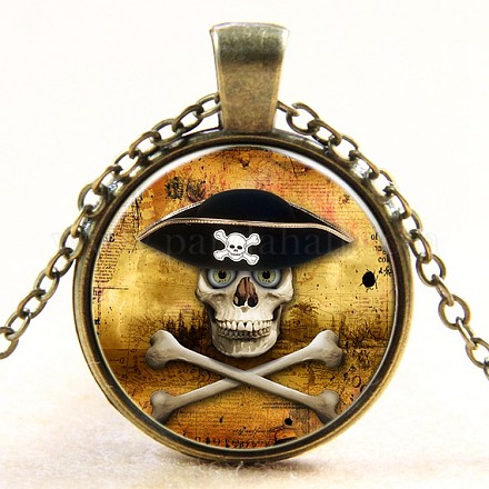 Pirate Skull & Crossbone Pattern Flat Round Glass Pendant Necklaces NJEW-N0051-005F-01-1