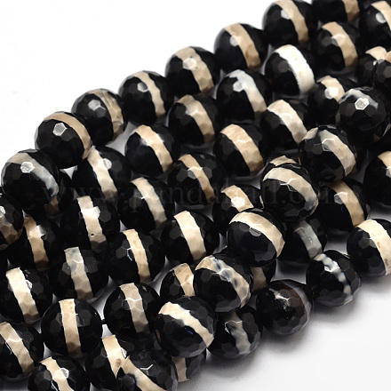 Runde facettierte Dzi-Perlenstränge aus natürlichem Achat im tibetischen Stil mit Streifenmuster X-TDZI-O005-10F-10mm-1