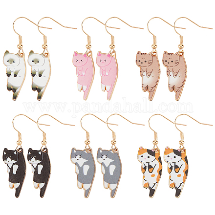 ANATTASOUL 6 Pairs 6 Colors Cat Theme Enamel Dangle Earrings EJEW-AN0001-15-1