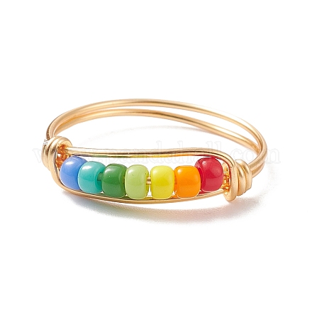 Anello da dito con perline intrecciate con semi di vetro color arcobaleno RJEW-TA00055-1