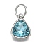 304 Stainless Steel Cubic Zirconia Pendant, Triangle, Stainless Steel Color, Dark Turquoise, 12.5x9.5x5mm, Hole: 5mm