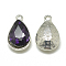 Alloy Glass Charms, Faceted, teardrop, Platinum, Purple, 14.5x9x5mm, Hole: 1.5mm