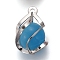 Cat Eye Pendants, with Brass Findings, Platinum, Deep Sky Blue, 18x12.5mm, Hole: 1.4mm