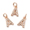 Brass Micro Pave Grade AAA Cubic Zirconia Charms, Letter A, Cadmium Free & Nickel Free & Lead Free, Real Rose Gold Plated, 8.5x6x1.5mm, Hole: 2mm
