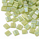 2穴透明ガラスシードビーズ  つや消しab色  長方形  黄緑  5x5~5.5x2~2.5mm  穴：0.7mm SEED-T004-02C-02-1