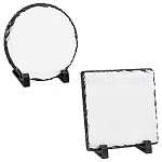 2 комплект 2 стилей сублимационной печати пустой натуральный сланец камень тарелка, с пластиковыми стойками, фоторамка для термопресса, квадратный и круглый, белые, 79x142x147 mm и 79x142x150 mm, 1 комплект / стиль