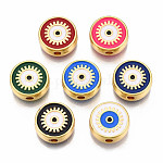 Rack Plating Alloy Enamel Pendants, Light Gold, Cadmium Free & Nickel Free & Lead Free, Flat Round with Evil Eye, Mixed Color, 12x4.5mm, Hole: 2mm