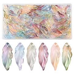 120 pendentif en verre transparent peint à la vapeur en 6 couleurs, feuille, deux tons, couleur mixte, 26~26.5x9~9.5x6.5~7.5mm, Trou: 1.2~1.5mm, 20 pcs / couleur