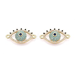 Breloques connecteurs en laiton serties de micro-pavés de zircon cubique bleu ciel, liens mauvais œil, Plaqué longue durée, or, 12.5x22.5x4mm, Trou: 1.4mm