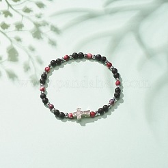 Bracciale elasticizzato con perline in pietre preziose naturali e sintetiche con croce in zirconi chiari da donna&nbsp;BJEW-JB08247-01