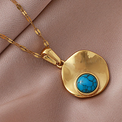 Colliers pendentifs à disque texturé en acier inoxydable 304 et turquoise synthétique&nbsp;JC9668