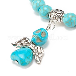 Bracelet extensible en perles synthétiques turquoise (teint) avec breloque tête de mort&nbsp;BJEW-JB08286-02