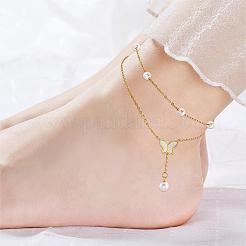 Chaîne double couche papillon cheville imitation perle papillon avec breloques perlées cheville été plage bijoux délicats cadeau pour les femmes&nbsp;JA198A