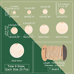 180 шт. 9 размера круглых бусин из натурального необработанного дерева&nbsp;WOOD-NB0002-15