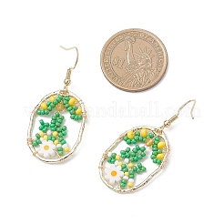 Orecchini pendenti ovali in vetro con fiore&nbsp;EJEW-MZ00627-03