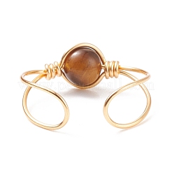 Anello polsino aperto con perline tonde naturali occhio di tigre&nbsp;RJEW-TA00041-01