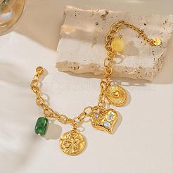Braccialetti da donna in acciaio inossidabile 304 con ciondoli ovali a forma di cuore testurizzato e perline cuboidali in resina verde.&nbsp;WG56DF2-01