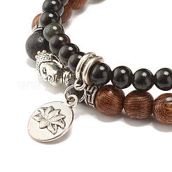 Braccialetti elastici in legno di ossidiana naturale e pietra lavica in stile 2 pezzi con charm di loto e testa di buddha&nbsp;BJEW-JB07615