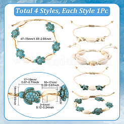 4шт 4 стиля браслетов из натуральных ракушек и синтетической бирюзы с плетением&nbsp;BJEW-SC0001-54