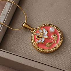 Женские ожерелья с подвеской в виде цветка из хирургической нержавеющей стали 316 с эмалью и имитацией жемчуга&nbsp;YH4414
