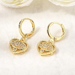Серьги-кольца из латуни с микропаве и прозрачным кубическим цирконием в форме сердца&nbsp;EJEW-Z162-02G