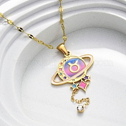 304 Edelstahl Hot Pearl Emaille Konstellation Planet Anhänger Halsketten&nbsp;NJEW-D310-01C-G
