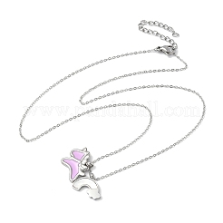 Collane con ciondolo unicorno arcobaleno in acciaio inossidabile 304 con smalto rosa perlato e conchiglia bianca naturale per donna&nbsp;NJEW-M101-02P