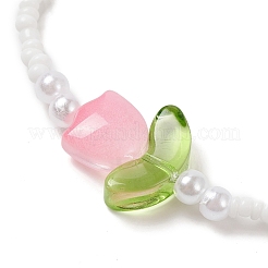 Эластичный браслет из стеклянных семян и тюльпанов лэмпворк&nbsp;BJEW-JB09428