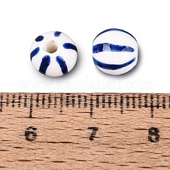 Cuentas redondas de porcelana pintadas a mano con rayas azules y blancas&nbsp;PORC-Q007-01A