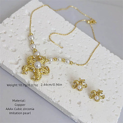 Комплекты украшений из латуни с микропаве из прозрачных кубических цирконий и искусственного жемчуга&nbsp;FS-WG880D6-01
