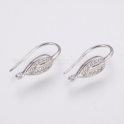 Brass Micro Pave Cubic Zirconia Earring Hooks, with Horizontal Loop, Leaf, Clear, Platinum, 21x6mm, Hole: 1.5mm, 20 Gauge, Pin: 0.8mm