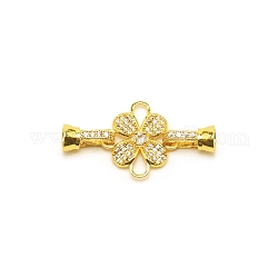 Brass Micro Pave Clear Cubic Zirconia Fold Over Clasps, Real 18K Gold Plated, 35mm, Flower: 18.5x18.5x3mm, Clasp: 12x6x6mm, hole: 1.4mm