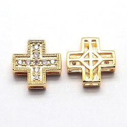 Hollow Brass Micro Pave Cubic Zirconia Slide Charms, Cadmium Free & Nickel Free & Lead Free, Greek Cross, Real 18K Gold Plated, 12x12x4mm, Hole: 3x1mm