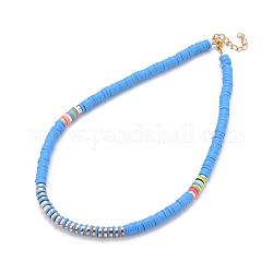 Handgemachte Polymer Clay Heishi Perlen Perlen Halsketten, mit nichtmagnetischen synthetischen Hämatitperlen und 304 Edelstahl-Karabinerverschluss, Verdeck blau, 16.73 Zoll (42.5 cm)