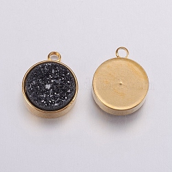 Charms in agata naturale druzy, con accessori di ottone, rotondo e piatto, oro, nero, 14.5x11.5x4~5mm, Foro: 2 mm