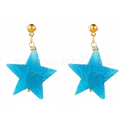 Boucles d'oreilles pendantes étoiles en agate naturelle, avec embouts de boucle d'oreille boule de fer et poussoirs d'oreilles en laiton, or, bleu profond du ciel, 1-1/2 pouce (38 mm), pin: 0.7 mm