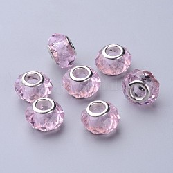 Handmade Glass European Beads, Large Hole Beads, Silver Color Brass Core, Pink, 14x8mm, Hole: 5mm