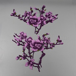 Patrón de flores y ramas, telas de poliéster, tela de bordado computarizado, apliques para coser, accesorios de traje cheongsam, púrpura, 270~310x450~460x1mm, 2 pcs