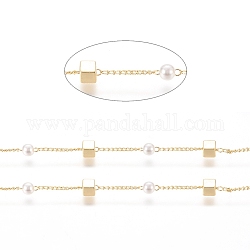 Brass Handmade Beaded Chain, Curb Chains, with CCB Plastic Imitation Pearl Bead, Long-Lasting Plated, Soldered, with Spool, Cube, Real 18K Gold Plated, 2x1x0.8mm, Bead: 4mm in diameter, Cube: 4x4x4mm, about 32.8 Feet(10m)/roll
