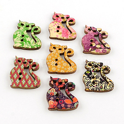 Boutons en bois imprimés de chat avec 2 trou, couleur mixte, 29x25x3mm, Trou: 2mm