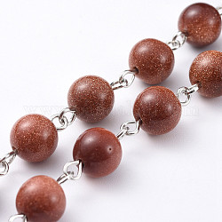Chaînes de perles rondes en pierre d'or synthétique faites à la main, non soudée, avec épingles à œil en fer platiné, 39.37 pouce (100 cm), perles: 8~8.5 mm, 1 m / chapelet
