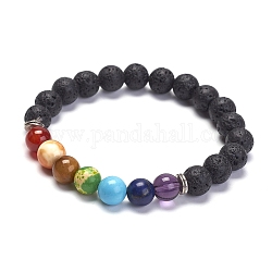 Bijoux de yoga chakra, bracelets extensibles en pierre de lave naturelle, avec pierres précieuses et perles en alliage, ronde, 2-1/8 pouce (55 mm)