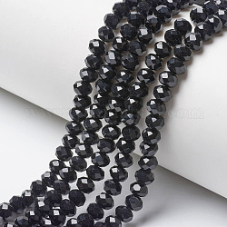 Opaque Solid Color Glass Beads Strands, Faceted, Rondelle, Black, 4x3mm, Hole: 0.4mm, about 130pcs/strand, 16.54 inch(42cm)