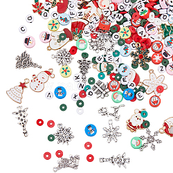 Superfindings Kit de découverte de fabrication de bijoux à bricoler soi-même sur le thème de Noël, y compris disque d'argile polymère et perles acryliques, Pendentifs d'émail en alliage, renne de noël et cloche et canne en bonbon et père noël et flocon de neige, couleur mixte, 6x0.5~1mm, Trou: 1.8~2mm, 4 couleurs, 5 g / couleur, 20g
