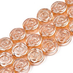 Perles en verre plaquent brin, perle plaquée lustre, plat rond avec la fleur rose, Sandy Brown, 10x4mm, Trou: 0.9mm, Environ 65~66 pcs/chapelet, 24.80 pouce ~ 25.20 pouces (63~64 cm)